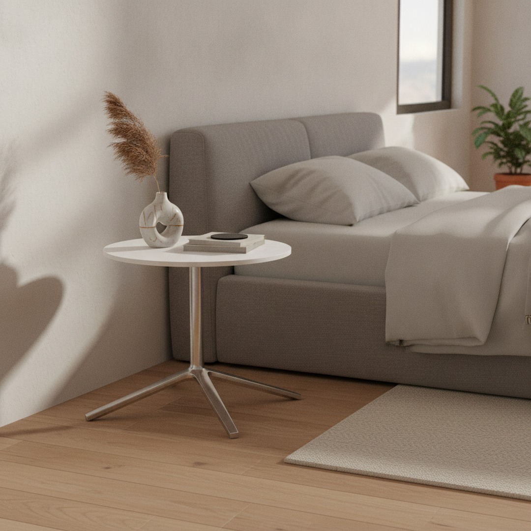 Low Round White Top Metal Stand Table 02 3D Model
