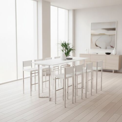 High Rectangular White Table with Stools 01 3D Model