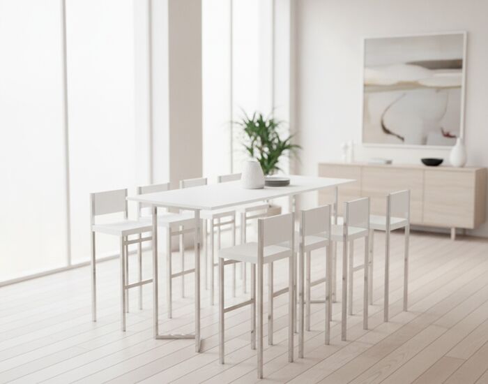 High Rectangular White Table with Stools 01 3D Model