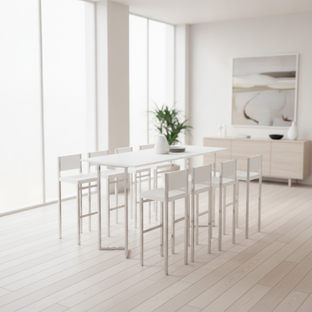 High Rectangular White Table with Stools 01 3D Model