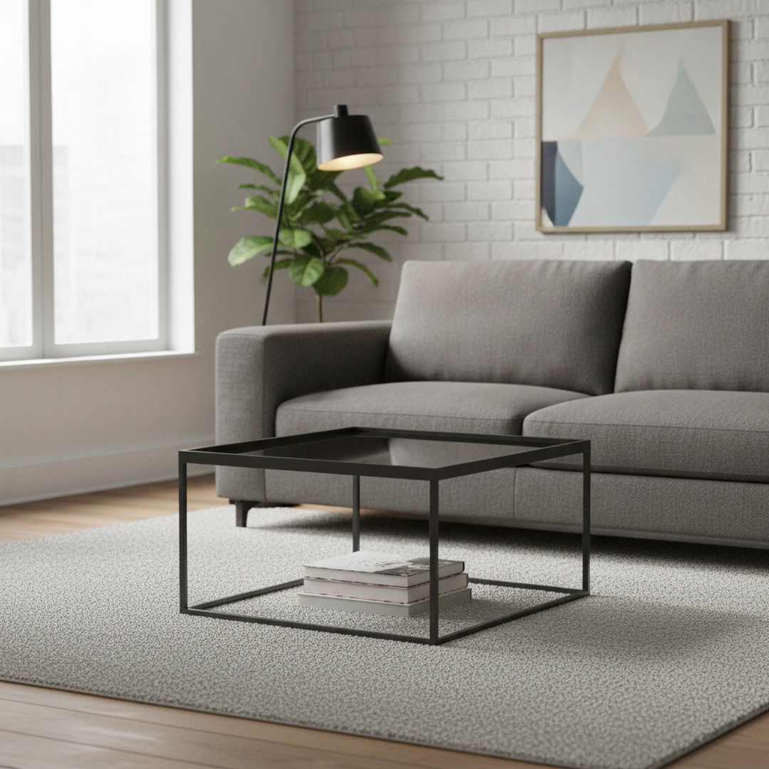 Low Squared Black Metal Frame Glass Top Table 02 3D Model
