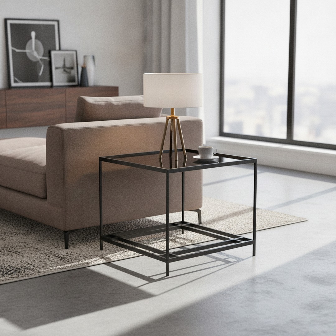 Squared Black Glass Top Metal Frame Stand Table 02 3D Model